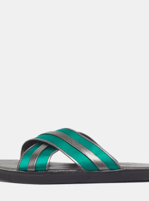 Malone Souliers Gabriel Size 39 Grey/Green Leather and Satin Flat Slides