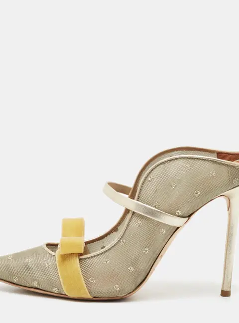 Malone Souliers Margueritee Size 40 Gold/Yellow Net and Velvet Mules