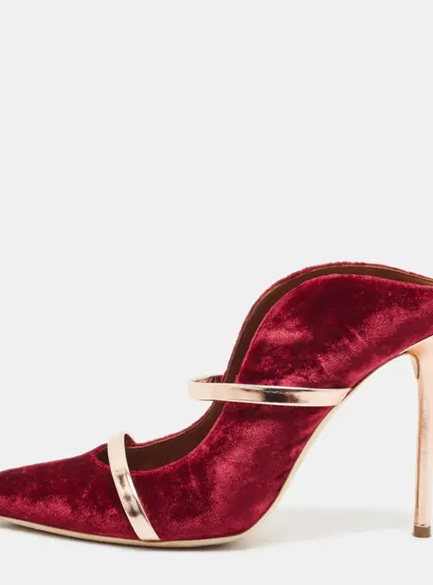 Malone Souliers Maureen Size 41 Burgundy/Gold Leather and Velvet Mules