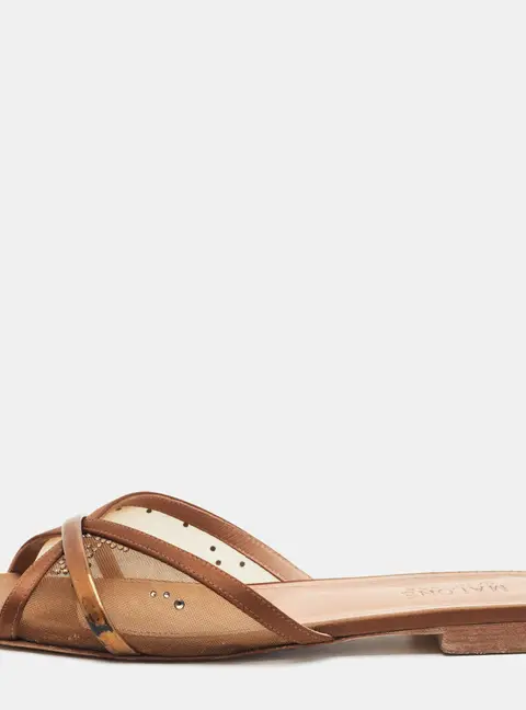 Malone Souliers Perla Size 40 Metallic Gold Leather and Net and Satin Flat Slide