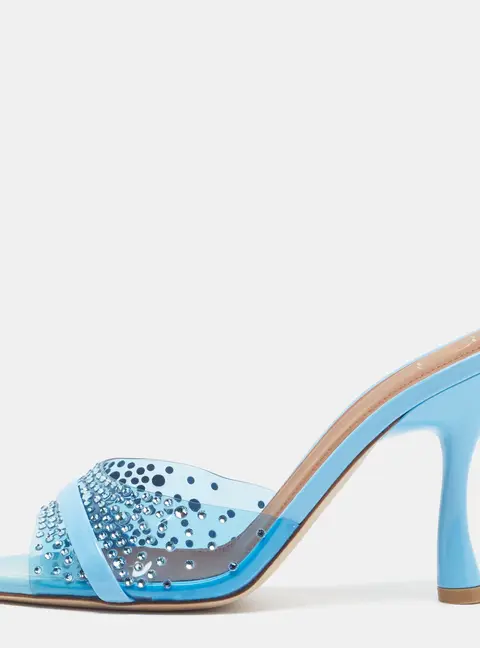 Malone Souliers Julia Size 36.5 Blue Patent Leather and PVC Crystal Embellished Slide Sandals