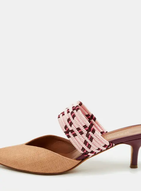 Malone Souliers Maisie Size 37.5 Beige/Pink Woven Raffia and Cord Pointed Toe Mules
