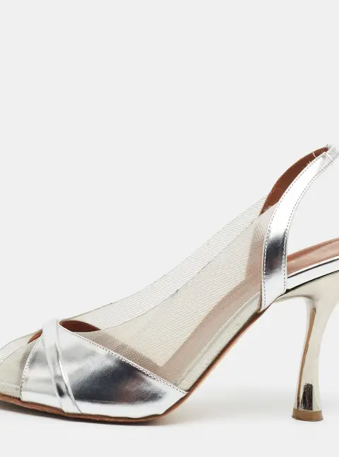 Malone Souliers Perla Size 40 Silver Leather and PVC Slingback Sandals