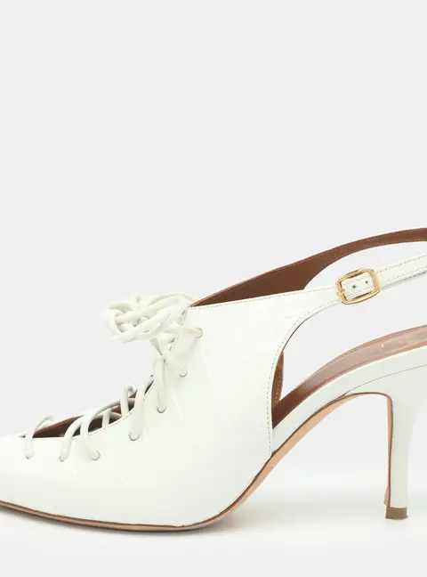 Malone Souliers Alessandra Size 37 White Croc Embossed Leather Lace Up Slingback Pumps