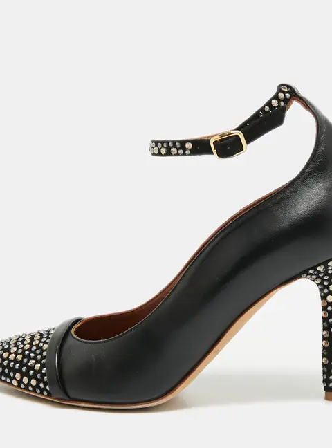 Malone Souliers Size 37 Black Leather and Suede Crystal Embellished Ankle Strap Pumps
