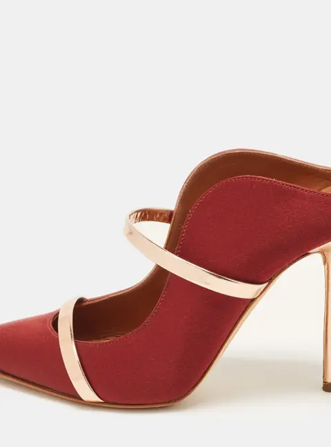 Malone Souliers Maureen Size 35 Burgundy/Rose Gold Leather and Satin Mules
