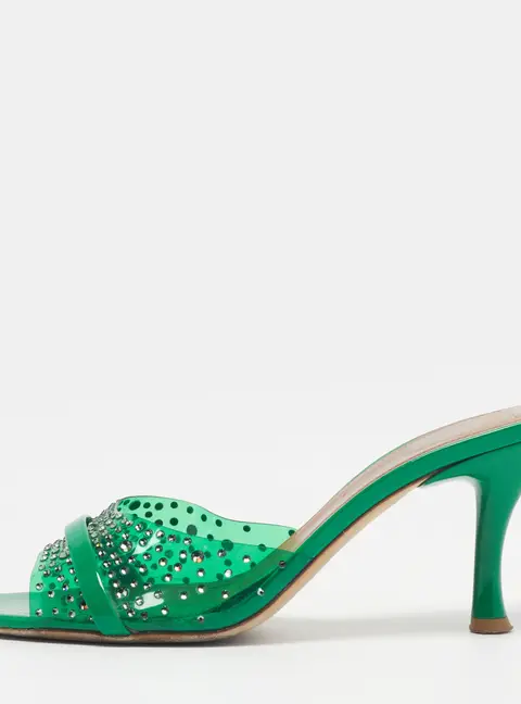 Malone Souliers Julia Size 39 Green PVC and Patent Leather Crystal Embellished Mules