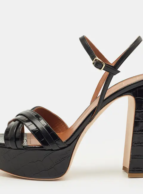 Malone Souliers Mila Size 42 Black Croc Embossed Leather and Leather Platform Sandals