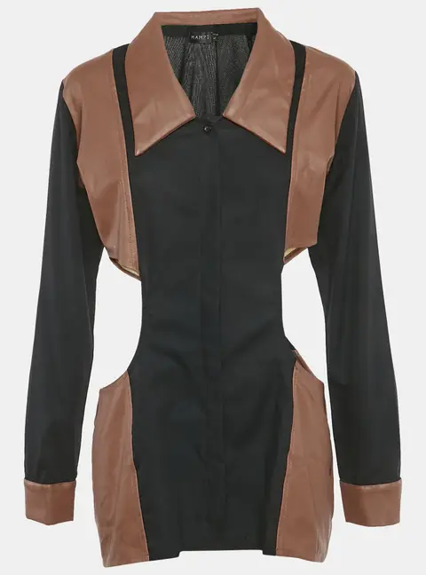 Mamzi Black /Brown Cotton & Leather Cut Out Shirt L