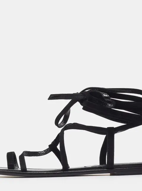 Manolo Blahnik Primathi Size 42 Black Suede Ankle Tie Gladiator Flat Sandals