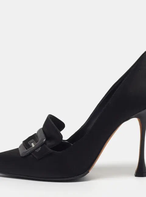 Manolo Blahnik Maysale Size 40 Black Leather and Satin Buckle Pumps