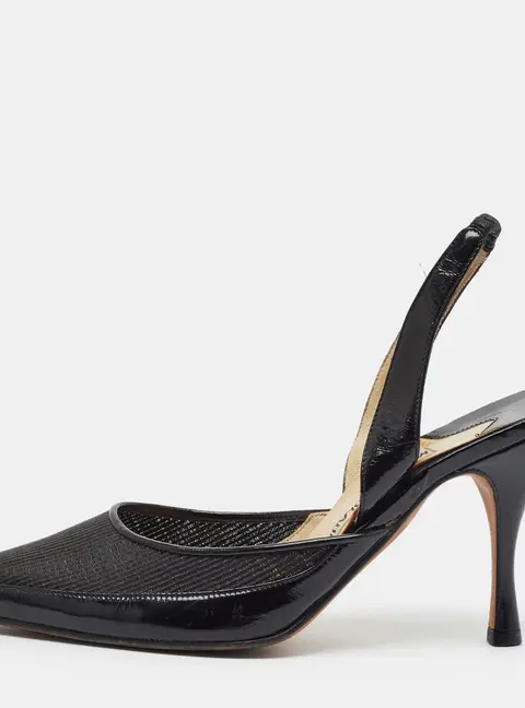 Manolo Blahnik Carolyne Size 37 Black Leather and Mesh Slingback Pumps