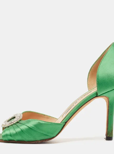 Manolo Blahnik Green Pleated Satin Sedaraby Pumps Size 37