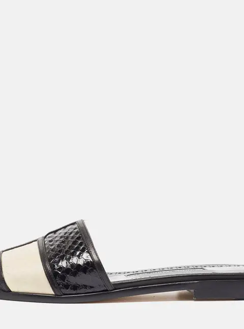 Manolo Blahnik Black/Cream Python Megacle Flat Slides Size 37.5