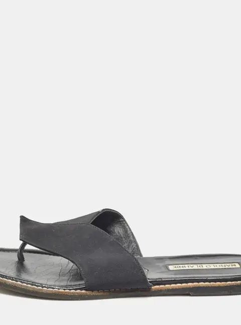 Manolo Blahnik Black Canvas Thong Flat Slides Size 37.5