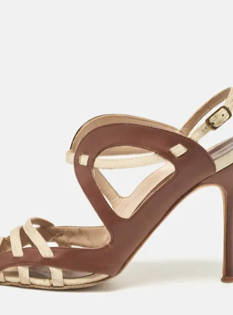 Manolo Blahnik Brown/Beige Canvas and Leather Strappy Slingback Sandals Size 37.5