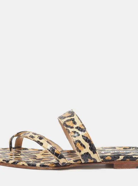 Manolo Blahnik Brown Leopard Pint Python Leather Thong Flat Slides Size 38