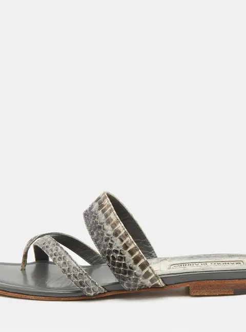 Manolo Blahnik Grey/Black Snakeskin Leather Susa Flat Sandals Size 38