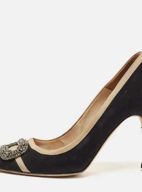 Manolo Blahnik Black/Grey Canvas and Fabric Hangisi Pumps Size 40.5