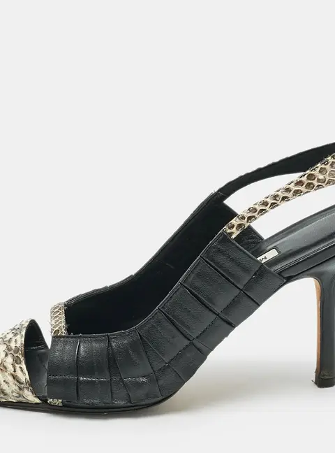 Manolo Blahnik Black/Beige Leather and Water snake Slingback Sandals Size 38