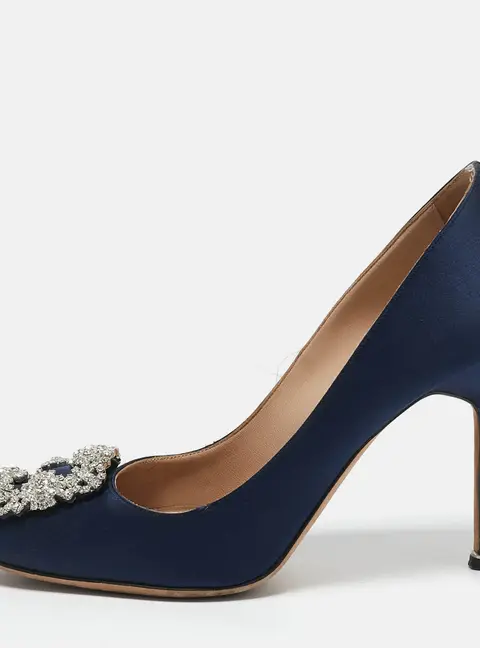 Manolo Blahnik Blue Satin Hangisi Embellished Pumps Size 39.5