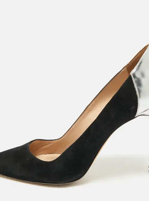 Manolo Blahnik Silver/Black Leather and Suede Osmana Pointed Toe Pumps Size 39.5