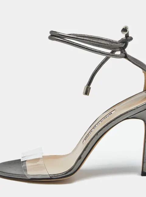 Manolo Blahnik Metallic Leather and PVC Estro Ankle Strap Sandals Size 39