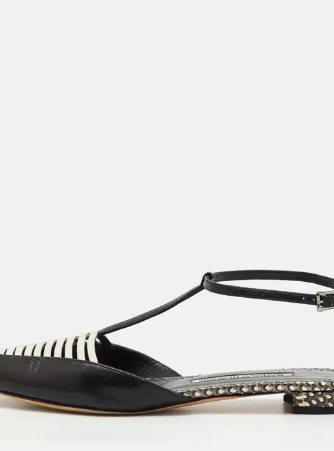 Manolo Blahnik Black/White Leather Carolyne Flat Strappy Sandals Size 36