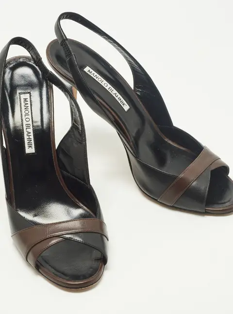 Manolo Blahnik Size 40 Brown/Black Leather Peep Toe Slingback Pumps