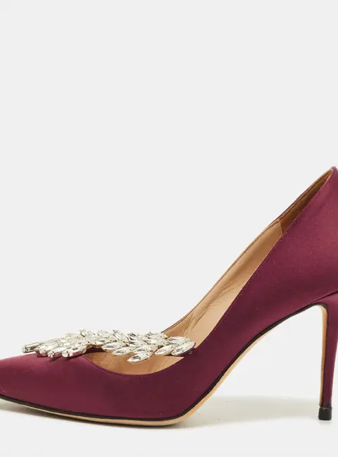 Manolo Blahnik Nadira Size 37 Burgundy Satin Crystal Embellished Pumps
