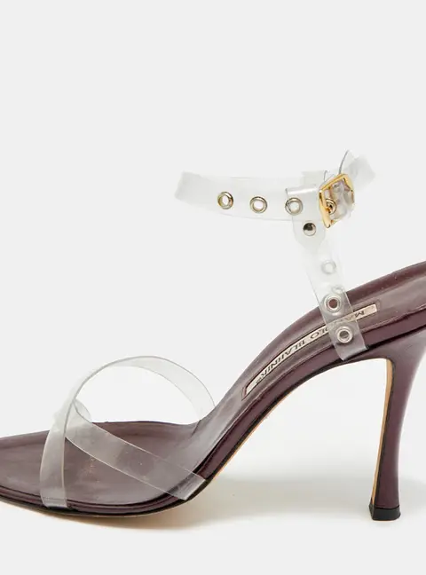 Manolo Blahnik Size 38.5 Transparent/Metallic Leather and PVC Ankle Strap Sandals