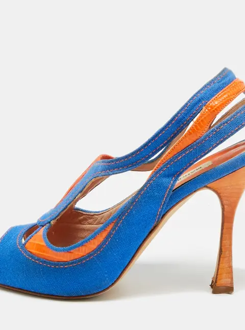 Manolo Blahnik Size 37 Orange/Blue Lizard, Fabric and Leather Open Toe Slingback Sandals