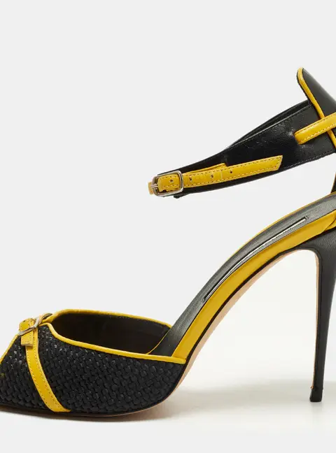 Manolo Blahnik Size 38 Black/Yellow Woven Fabric and Leather Ankle Strap Sandals