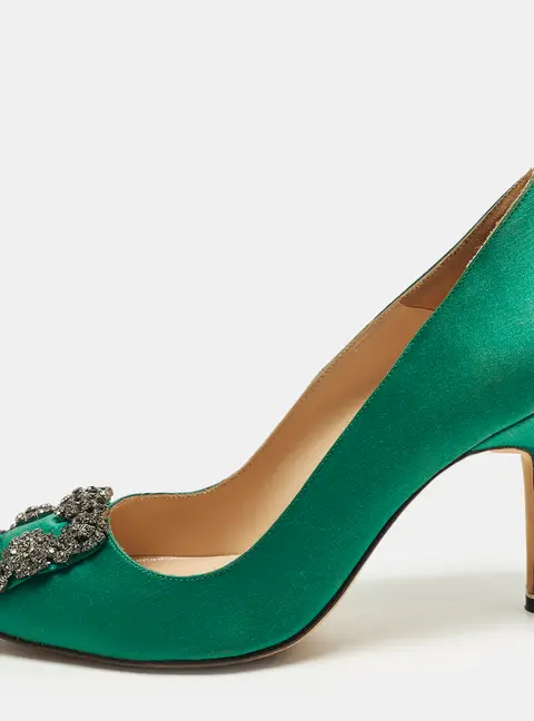 Manolo Blahnik Hangisi Size 34.5 Green Satin Pumps