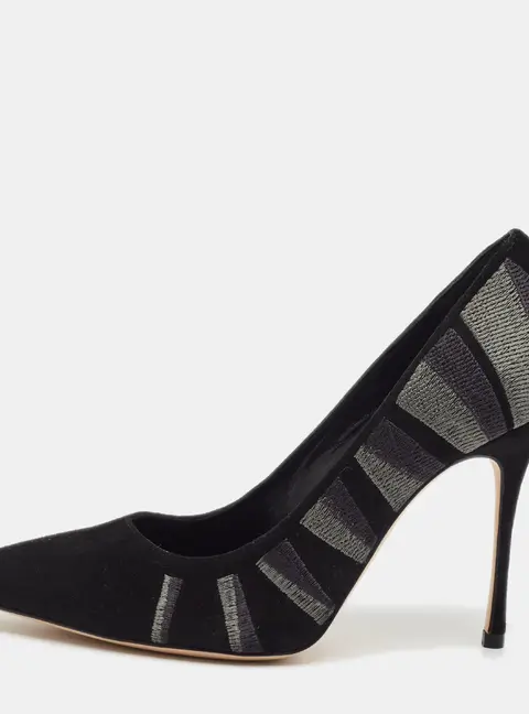 Manolo Blahnik Size 35 Black/Grey Suede Embroidered BB Pointed Toe Pumps