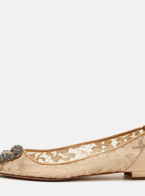Manolo Blahnik Hangisi Size 36.5 Beige Lace and Satin Embellished Ballet Flats