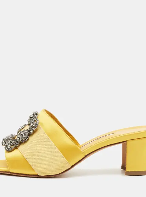 Manolo Blahnik Martanew Size 36.5 Yellow Satin Crystal Embellished Slide Sandals