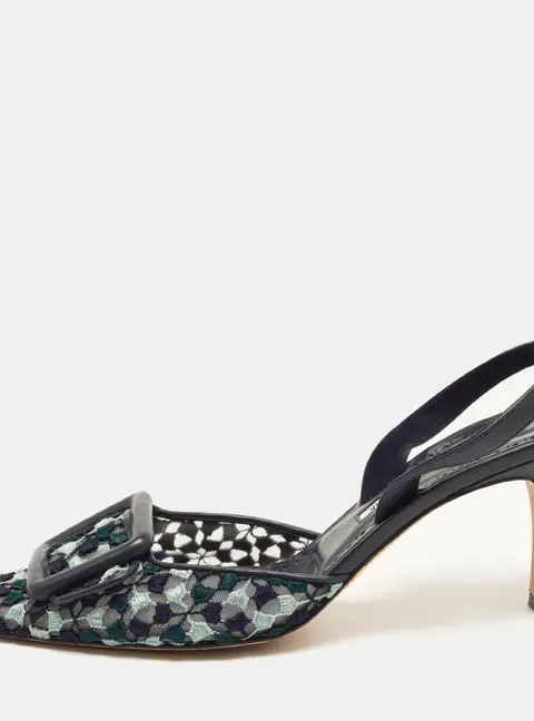 Manolo Blahnik Maysli Size 39.5 Navy Blue Lace and Leather Slingback Pumps