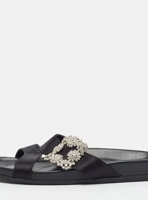 Manolo Blahnik Chilanghi Size 39.5 Black Satin Flat Slide