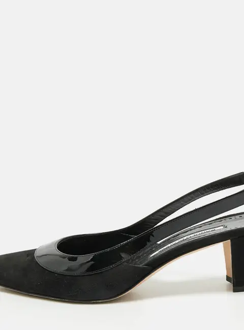 Manolo Blahnik Size 41 Black Suede and Patent  Slingback Pumps