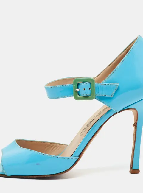 Manolo Blahnik Size 36.5 Blue Patent Leather Ankle Strap Sandals