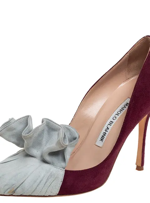 Manolo Blahnik Burgundy And Grey Suede Arleti Frill Detail Pumps Size 35