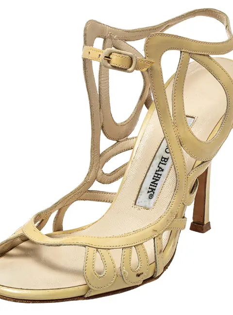 Manolo Blahnik Size 36.5 Yellow Patent Leather Ankle Strap Sandals