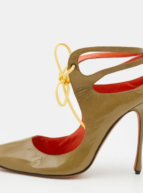 Manolo Blahnik Olive Green Leather Cut Out Lace Up Pumps Size 41
