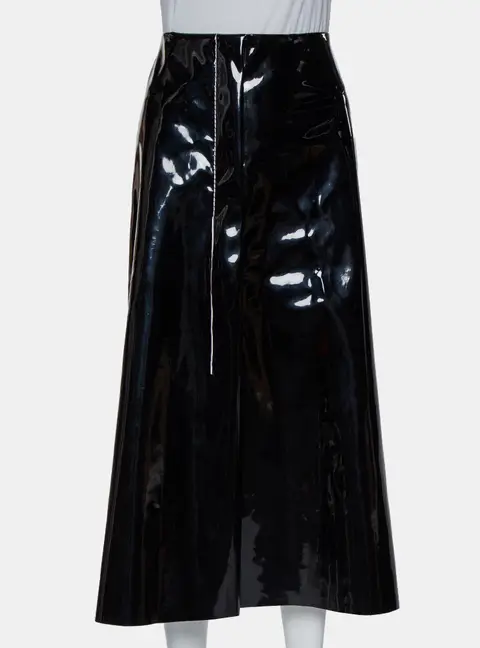 Marni Black Faux Patent Leather Hanging Thread Detail Midi Skirt M