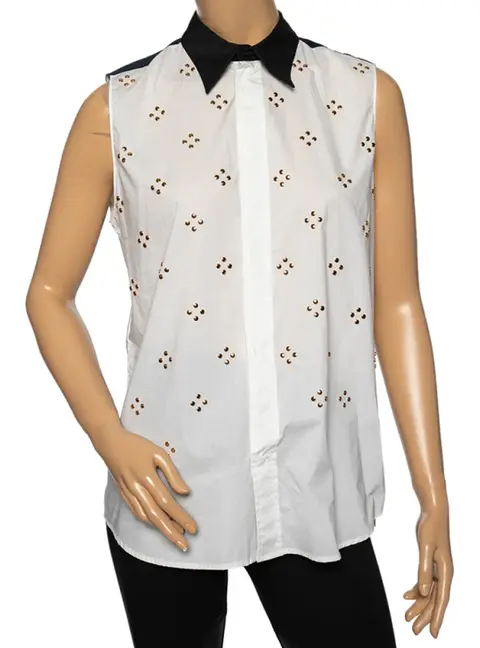Marni White Embellished Poplin Contrast Collar & Yoke Detailed Sleeveless Shirt M