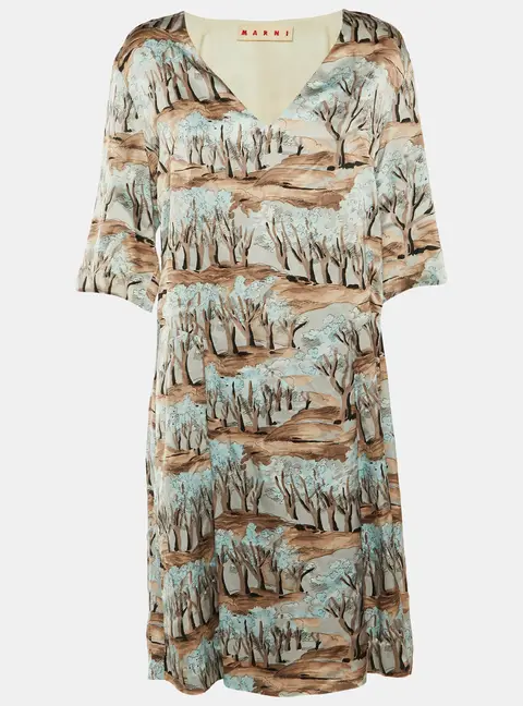 Marni Brown Printed Satin Pleated Shift Dress L