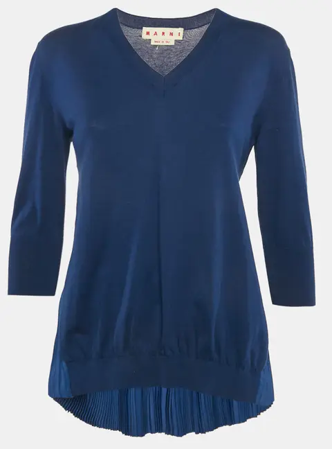 Marni Royal Blue Cotton Knit and Silk Pleated Asymmetric Top M