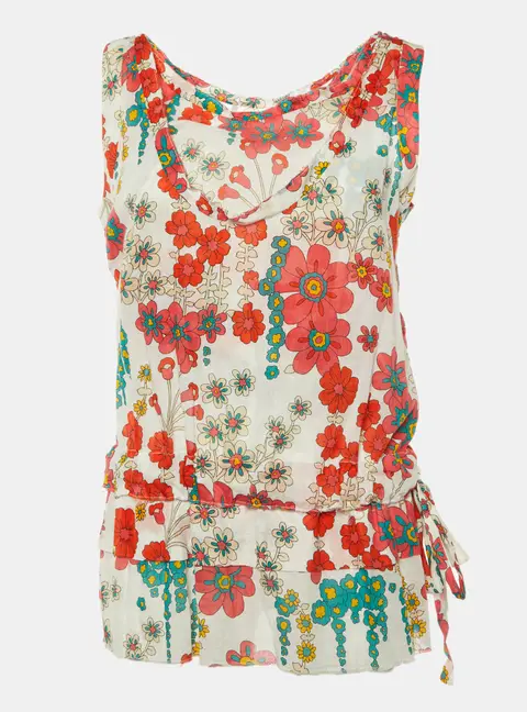 Marni White/Red Floral Print Cotton Peplum Top M
