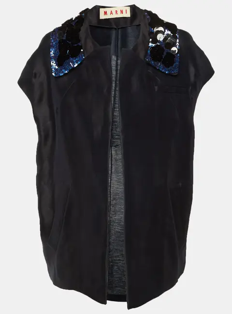 Marni Navy Blue Embellished Detail Silk & Linen Open Jacket M